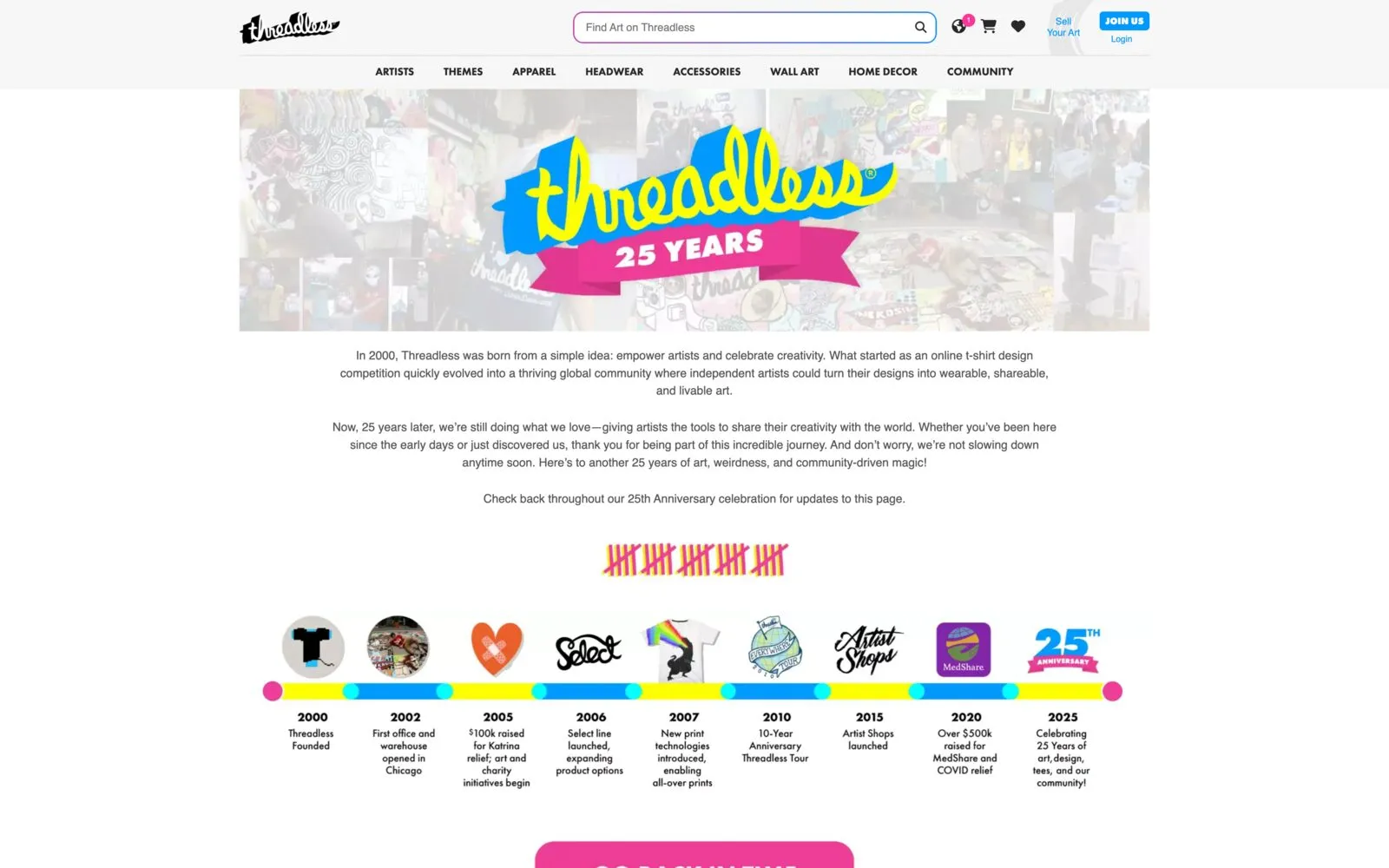 The top of the public Threadless 25th Anniversary landing page.